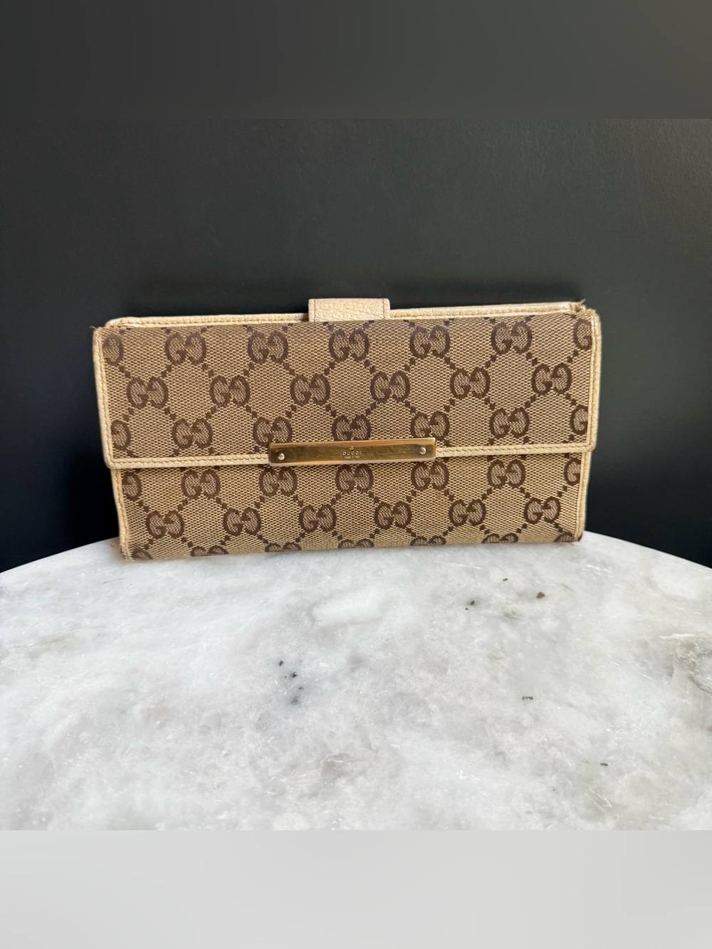 Gucci Tan/Brown GG Canvas Continental Wallet with Gold Plate